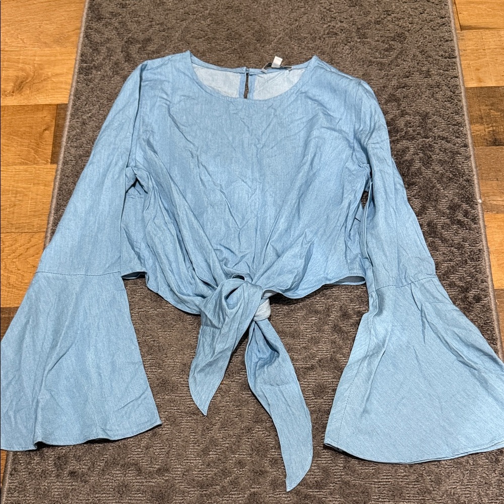 Lucy Paris Light Blue Tie-Front Bell Sleeve Top
